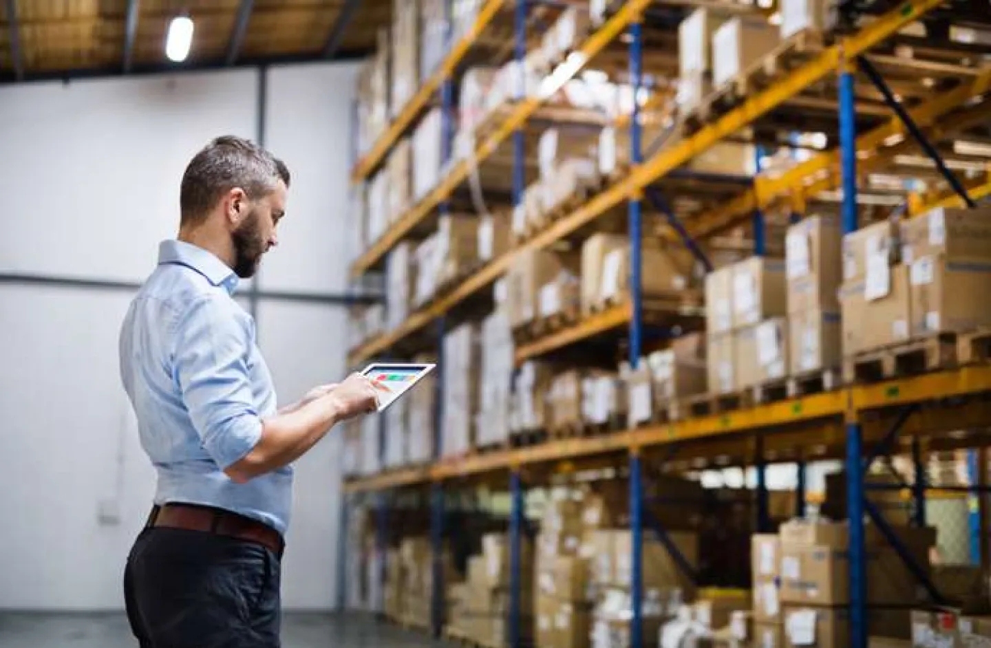 types of warehouse management system - A person using tablet in a warehouse.