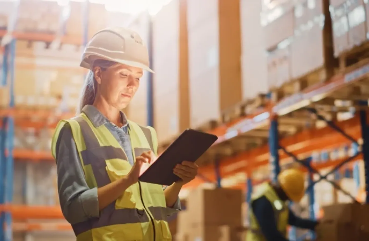 Warehouse manager analyzing her warehouse optimization progress on a tablet.