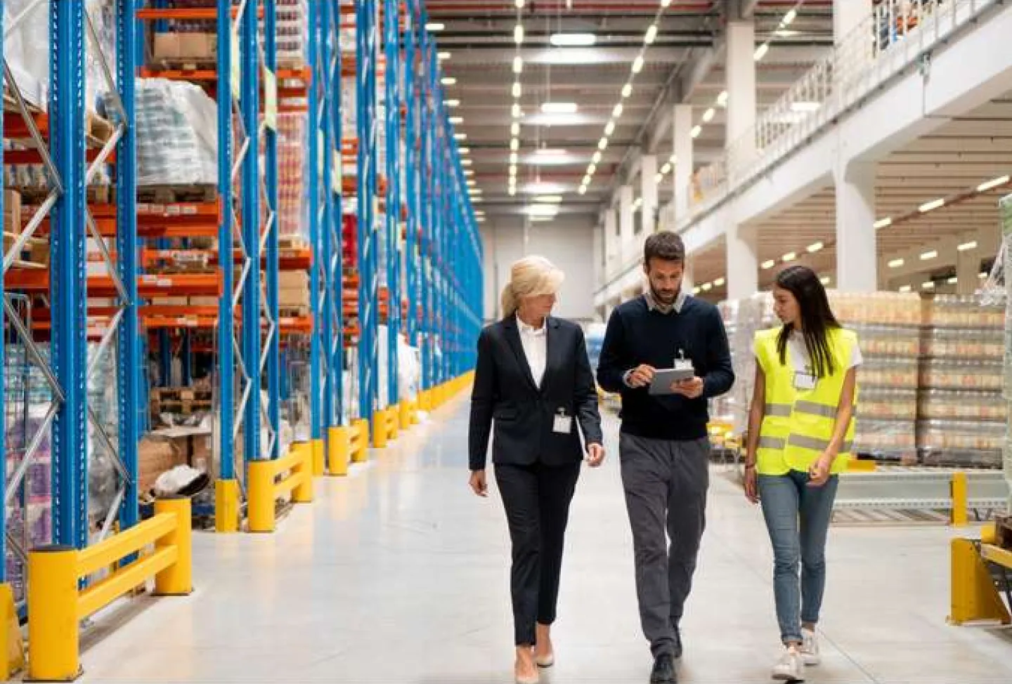 A warehouse team consulting with an IT expert.