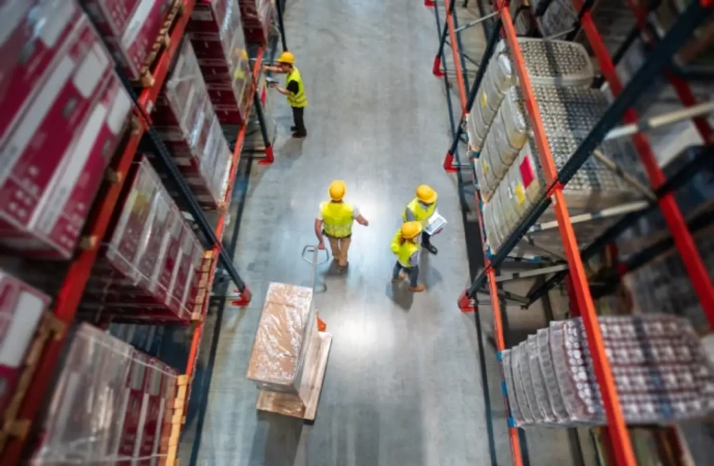 Employees performing different warehouse activities.