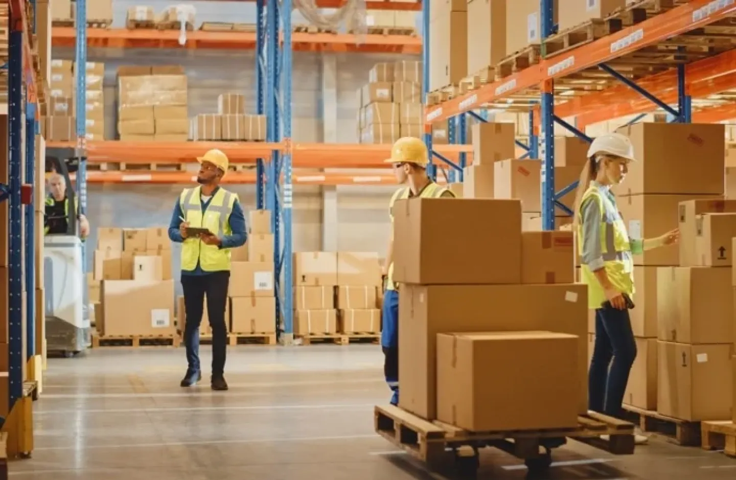 Warehouse operations with employees performing different processes.